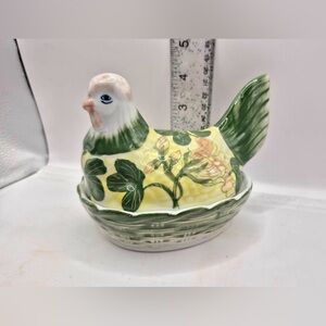 Vintage Hen on Nest - Nesting Chicken Hand-painted Floral Decor Ceramic Pottery